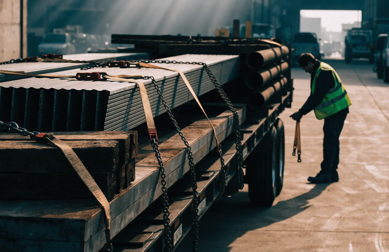 Industrial steel and building materials strapped to a flatbed trailer
